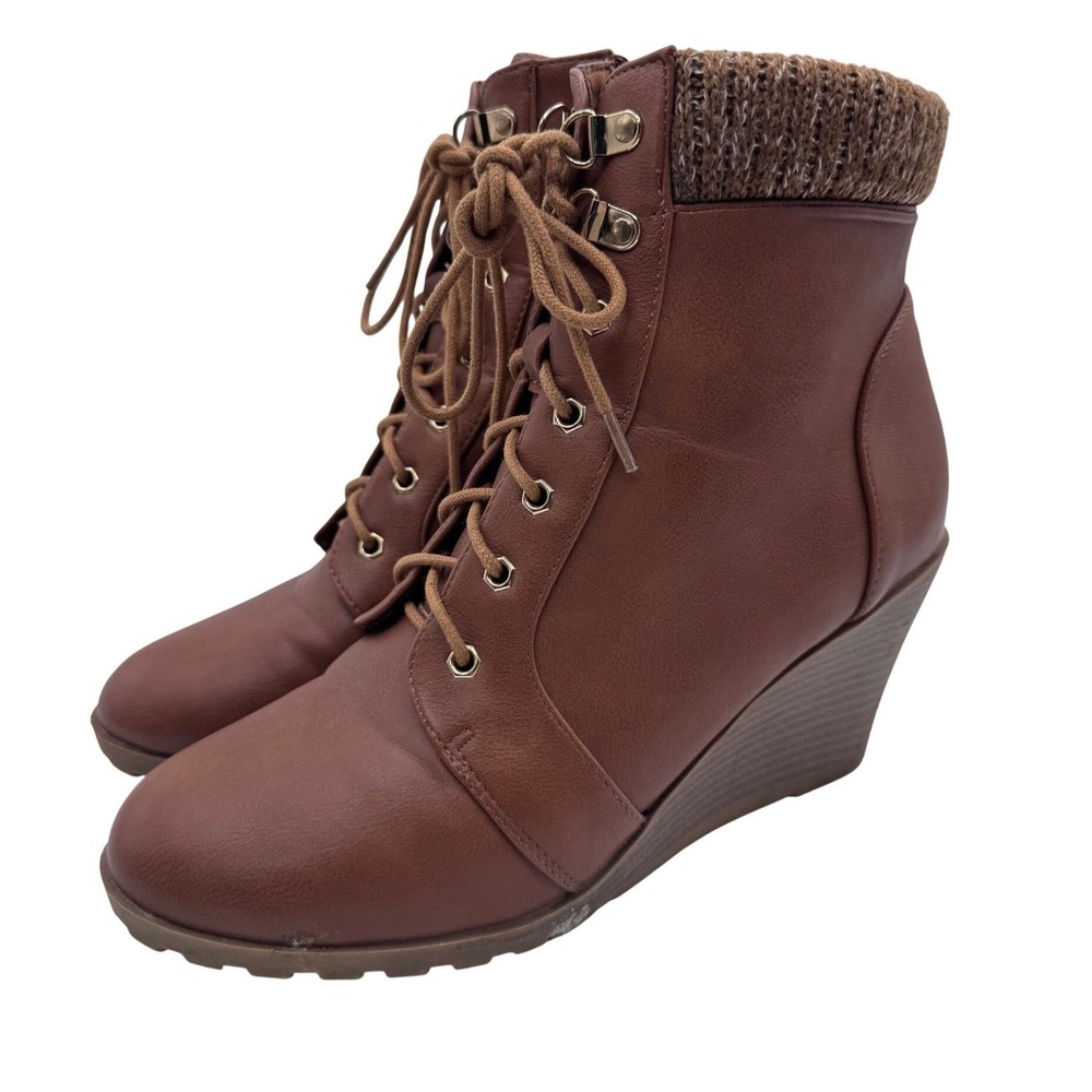 Top Moda Brown Wedge Ankle Lace Up Sweater Cuff Boots Cozy Winter Women's‎ 10